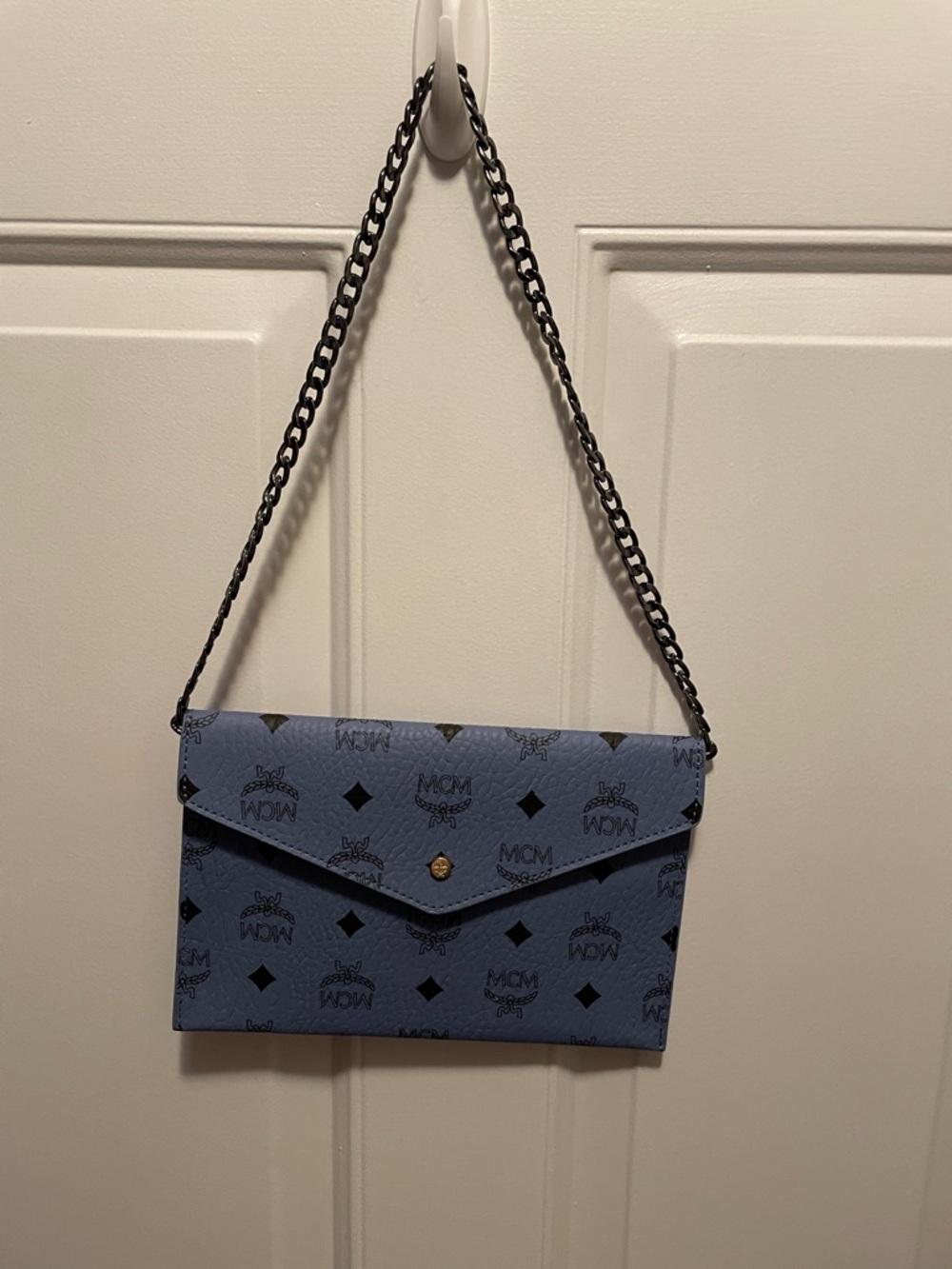 MCM Light Blue Logo Envelope Wallet clutch pouch like new with chain - Picture 2 of 11